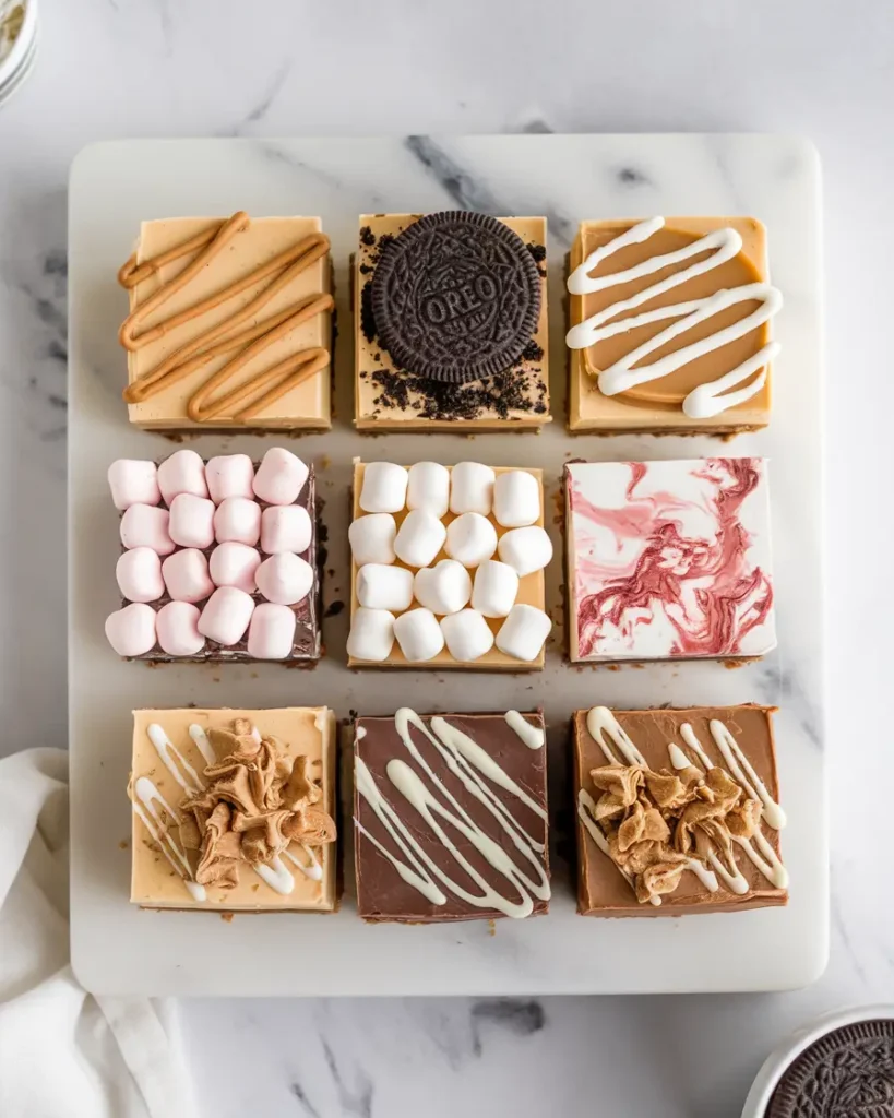A selection of eight different Cookie Dough Cheesecake Bars, each showcasing unique flavors like peanut butter, Oreo, caramel, s’mores, raspberry, Nutella, pumpkin spice, and gluten-free.