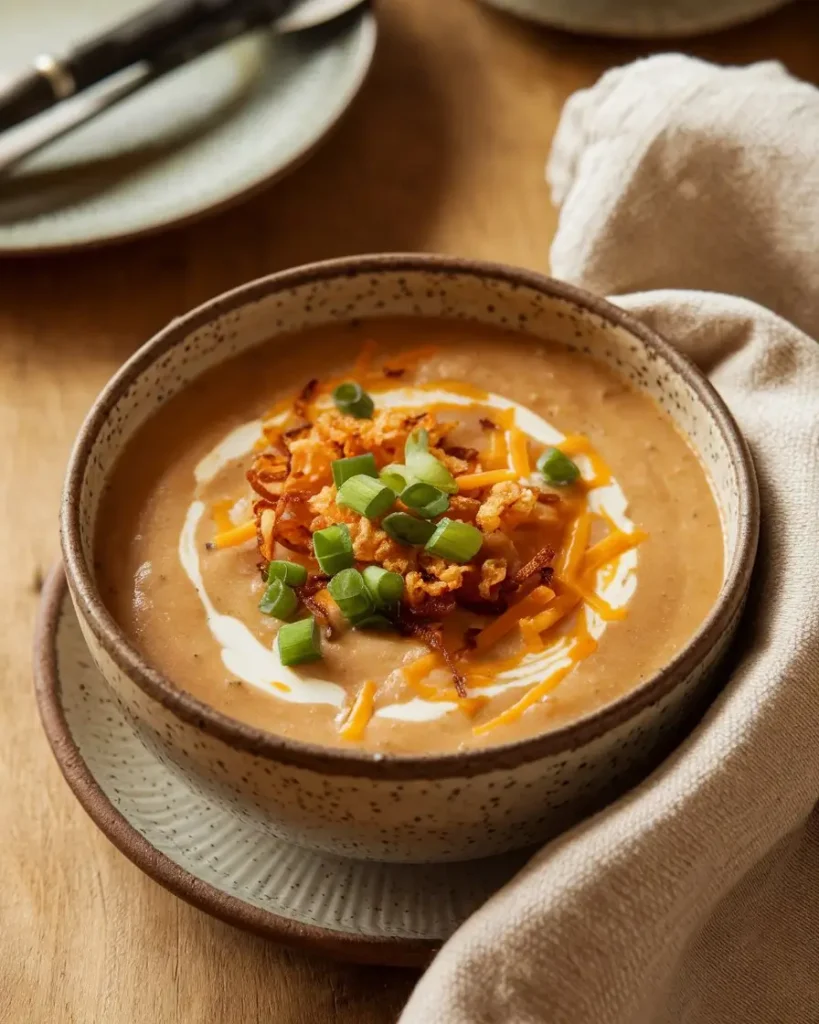 Cajun potato soup topped with green onions, cream swirl, crispy onions, and melted cheese