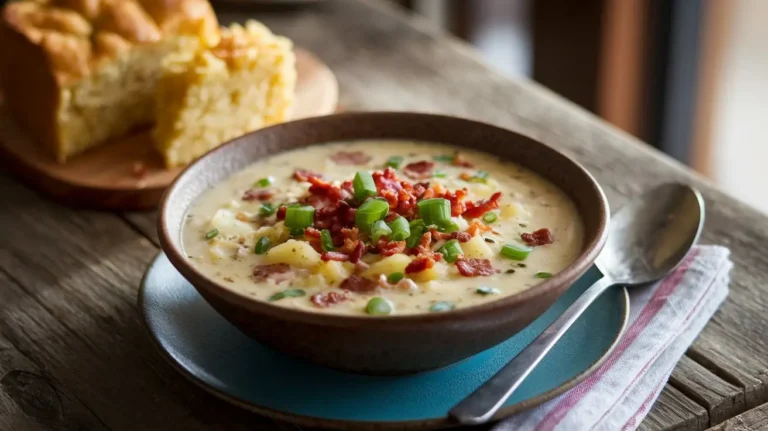 A bowl of creamy Cajun potato soup topped with green onions and bacon bits
