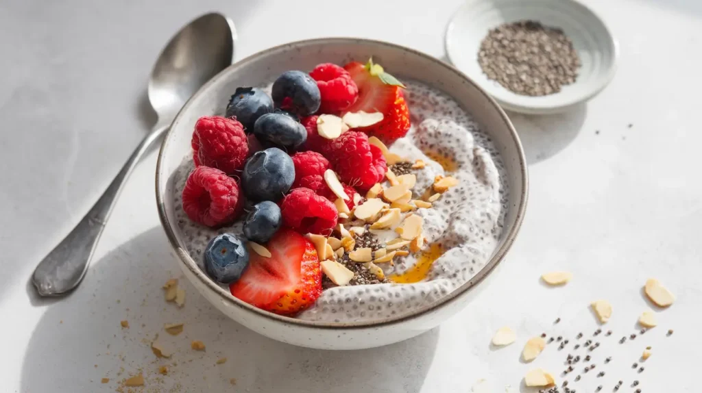 A bowl of Greek Yogurt and Chia pudding topped with fresh berries, almonds, and a drizzle of honey on a white surface.