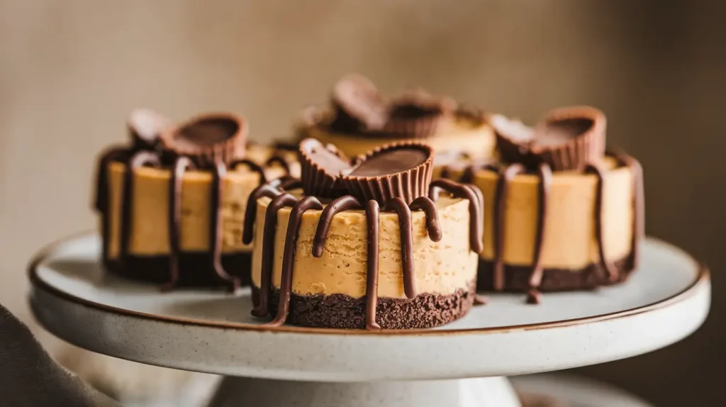 Mini Peanut Butter Cup Cheesecakes with chocolate drizzle and peanut butter cups on a white plate.