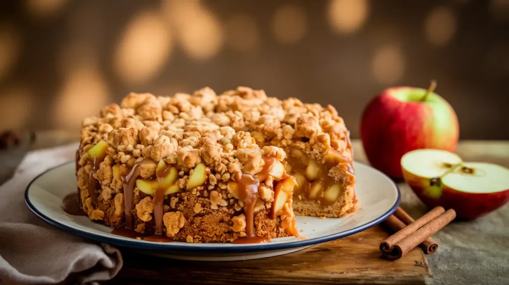 Molten Caramel Apple Crumble Cake with a golden crumble topping and caramel drizzle on a white plate.