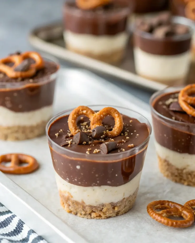 Finished peanut butter pretzel protein cups with dark chocolate topping and mini pretzels on a tray