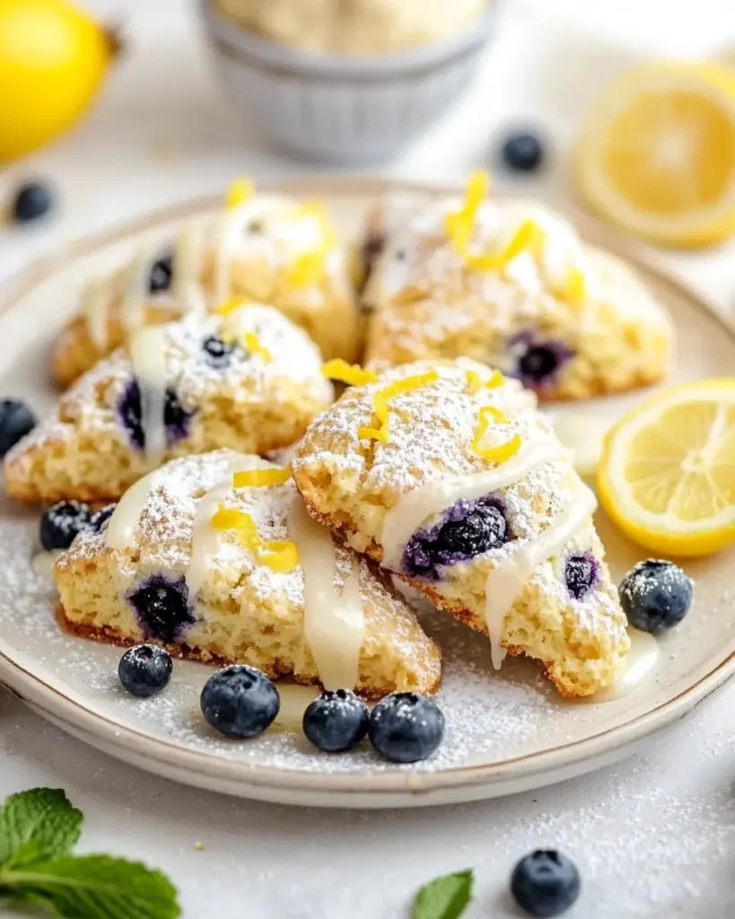 Decorated lemon blueberry yogurt scones with glaze, powdered sugar, and fresh garnish