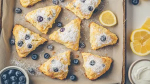 Lemon blueberry yogurt scones on parchment with lemon slices and yogurt