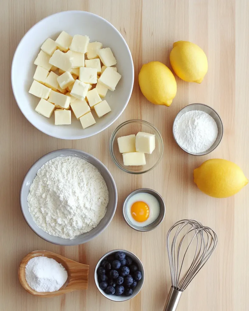 Ingredients for lemon blueberry yogurt scones arranged on a kitchen counter