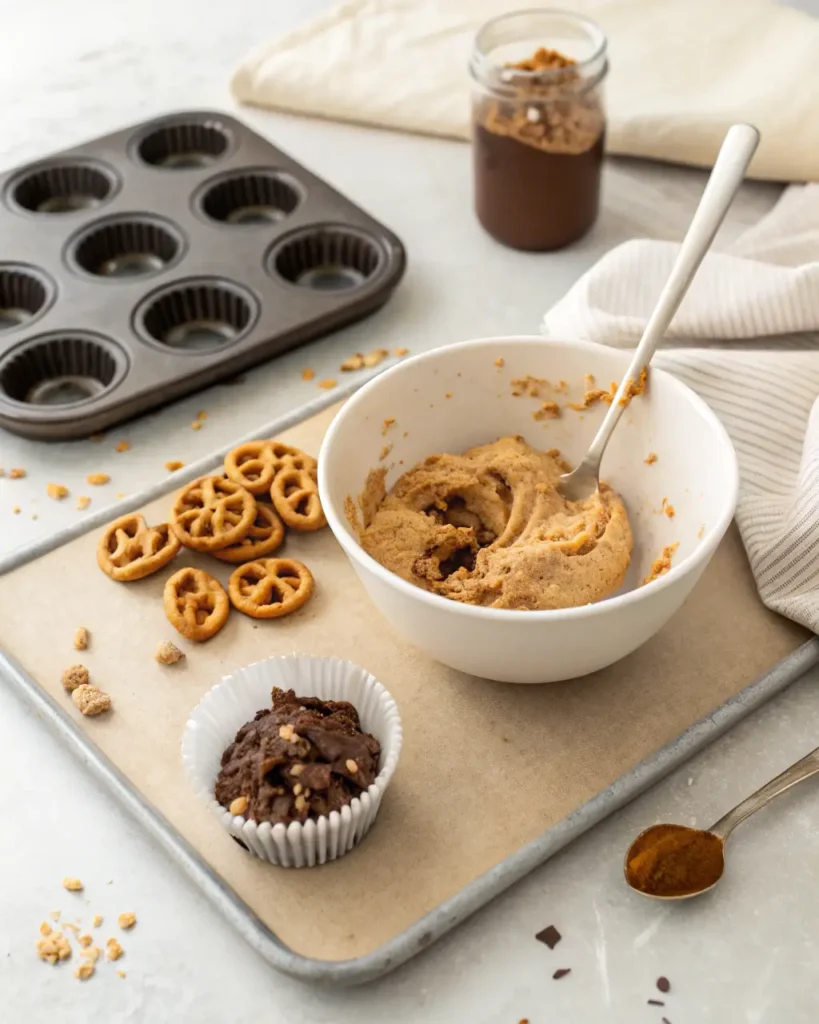 Peanut butter, protein powder, and pretzel mixture being prepared for no-bake protein cups