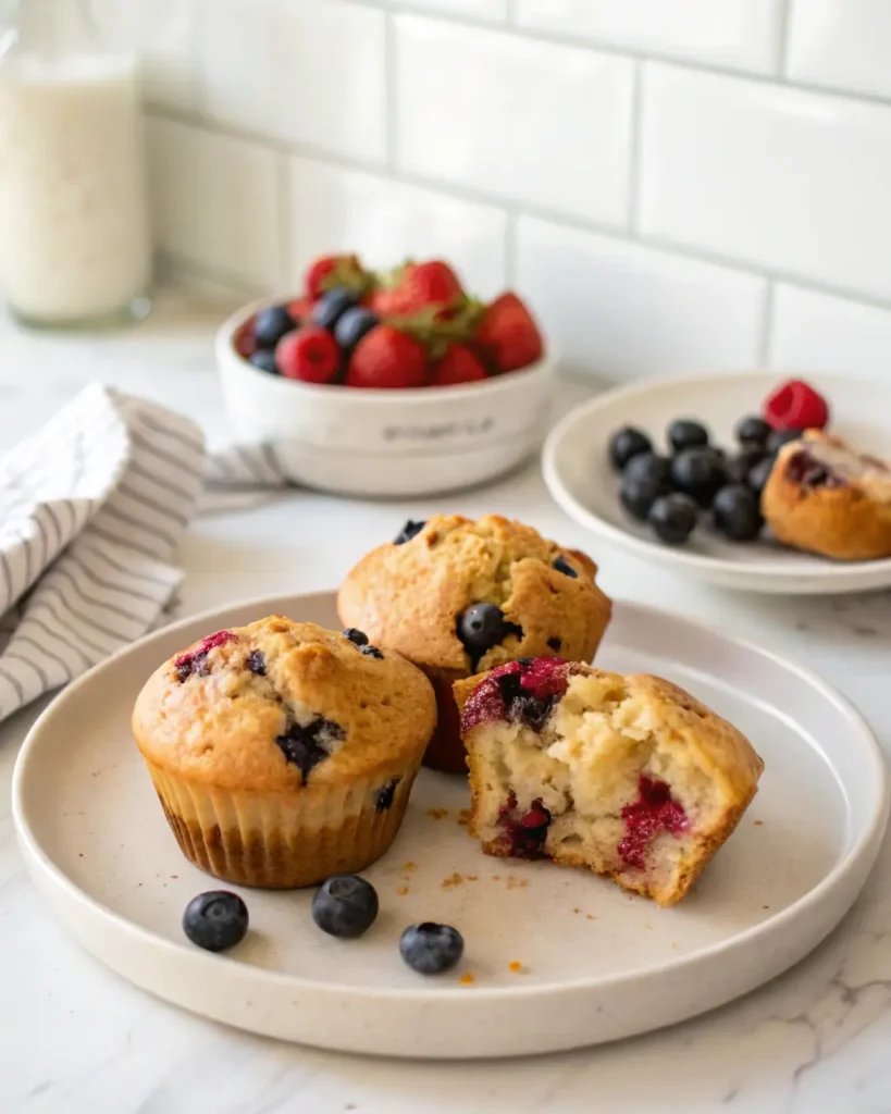 Ingredients for Greek Yogurt Berry Muffins laid out on a kitchen counter