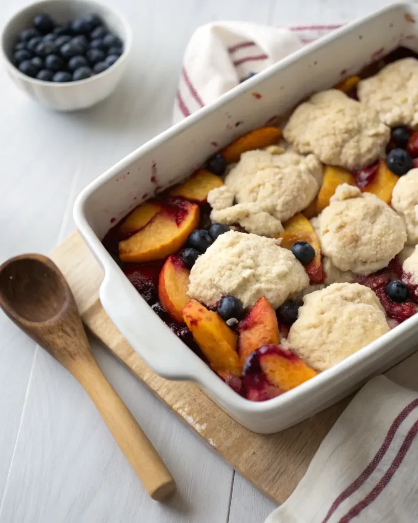 Peach Blueberry Cobbler Ready for the Oven