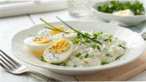 A Cottage Cheese Egg Salad served on a white plate with chopped chives and sliced eggs.