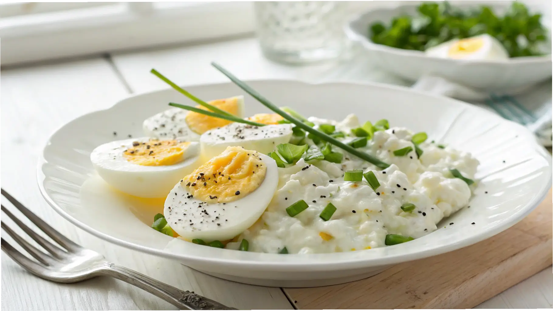 A Cottage Cheese Egg Salad served on a white plate with chopped chives and sliced eggs.