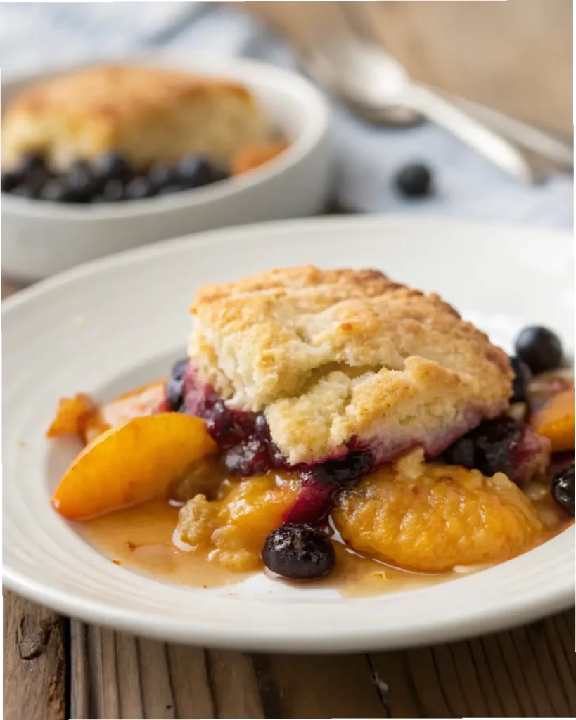 Warm Peach Blueberry Cobbler on White Plate