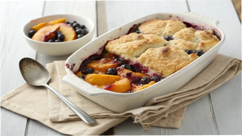 Peach Blueberry Cobbler in Rustic White Dish.