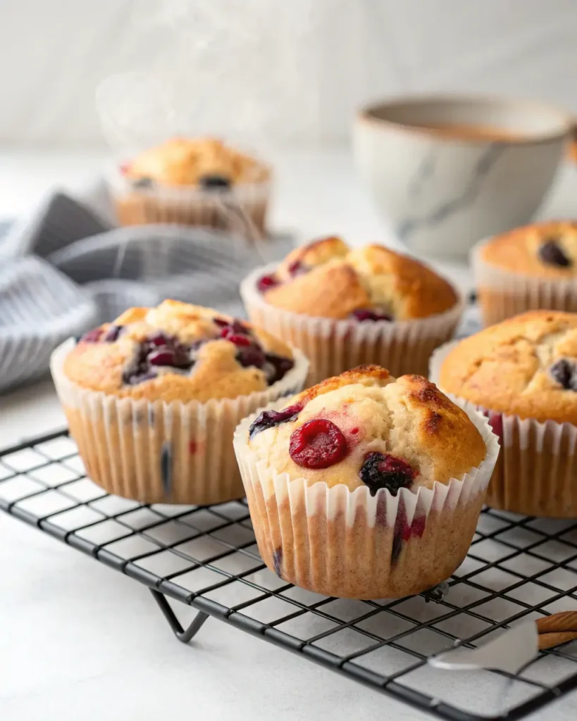 Greek Yogurt Berry Muffins cooling on a wire rack with berry-filled tops
