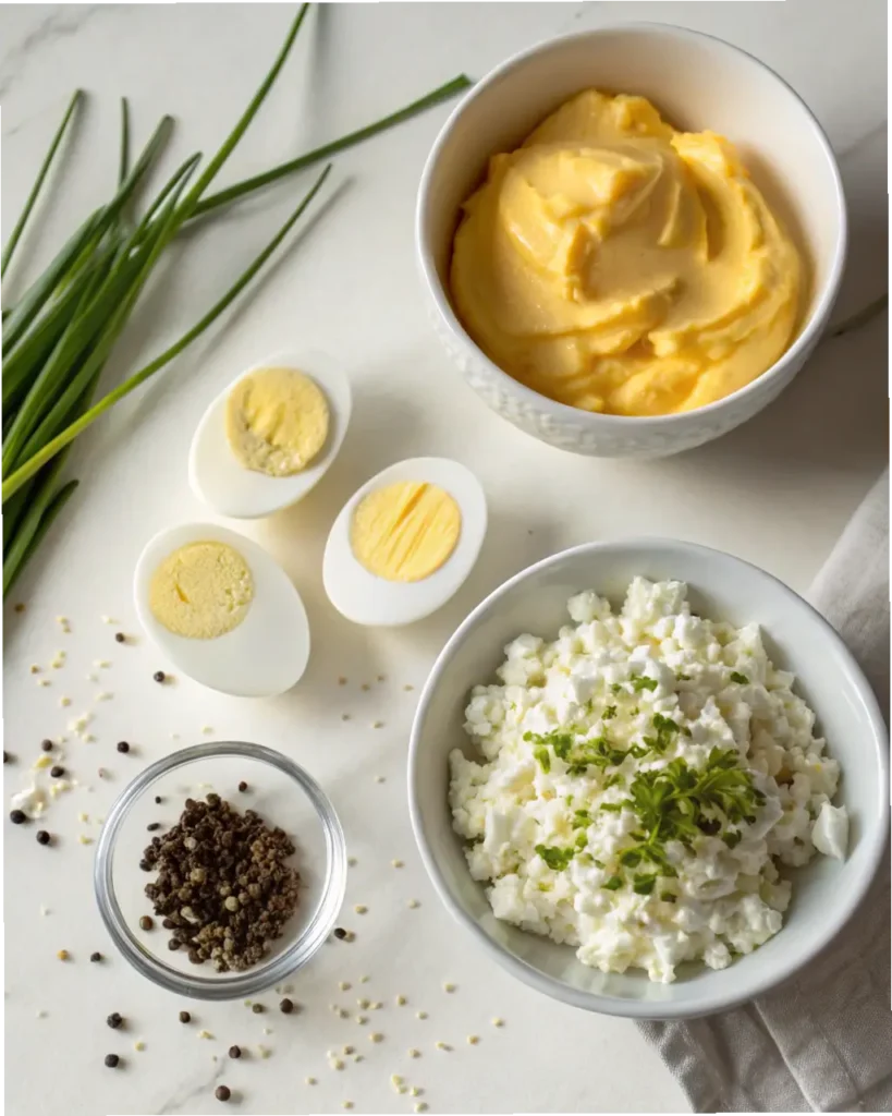 Flat lay of ingredients for Cottage Cheese Egg Salad including cottage cheese, boiled eggs, and mustard.