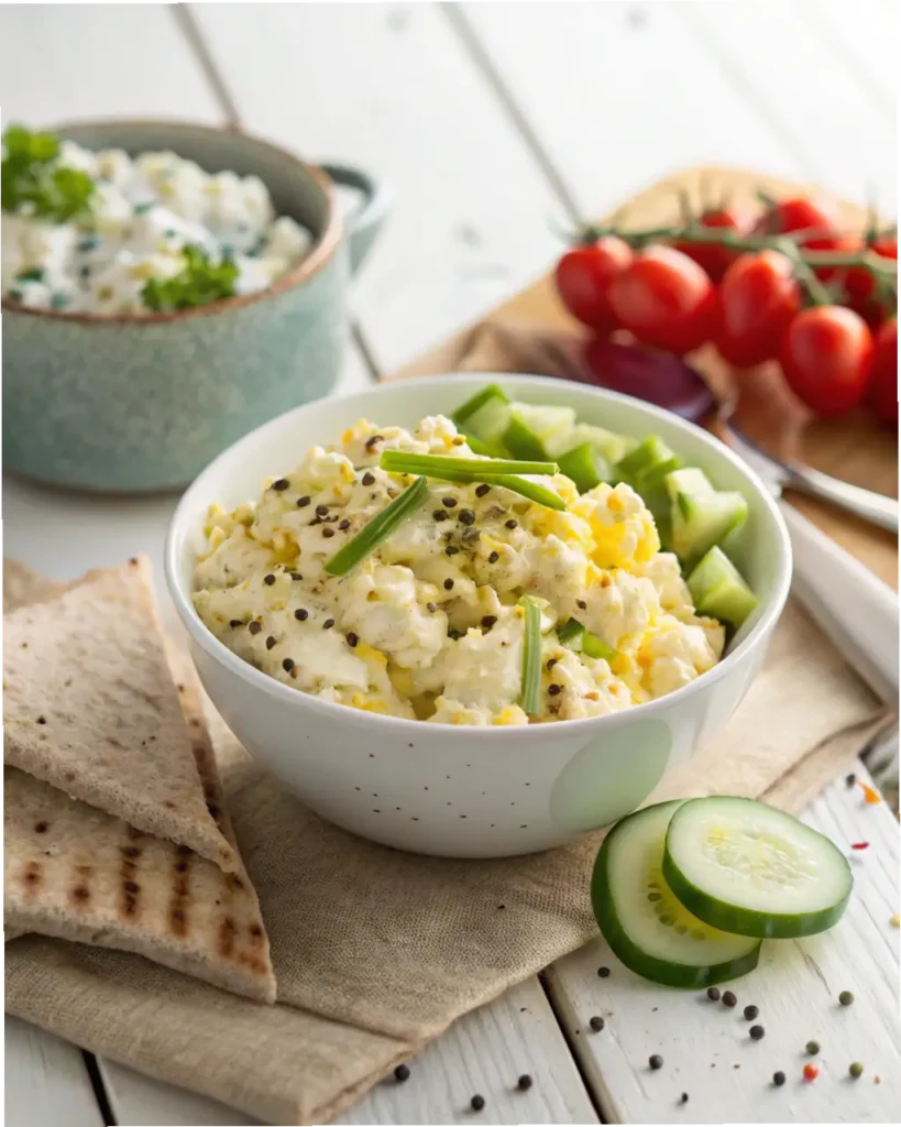 Bowl of Cottage Cheese Egg Salad served with whole grain wrap and fresh vegetables.