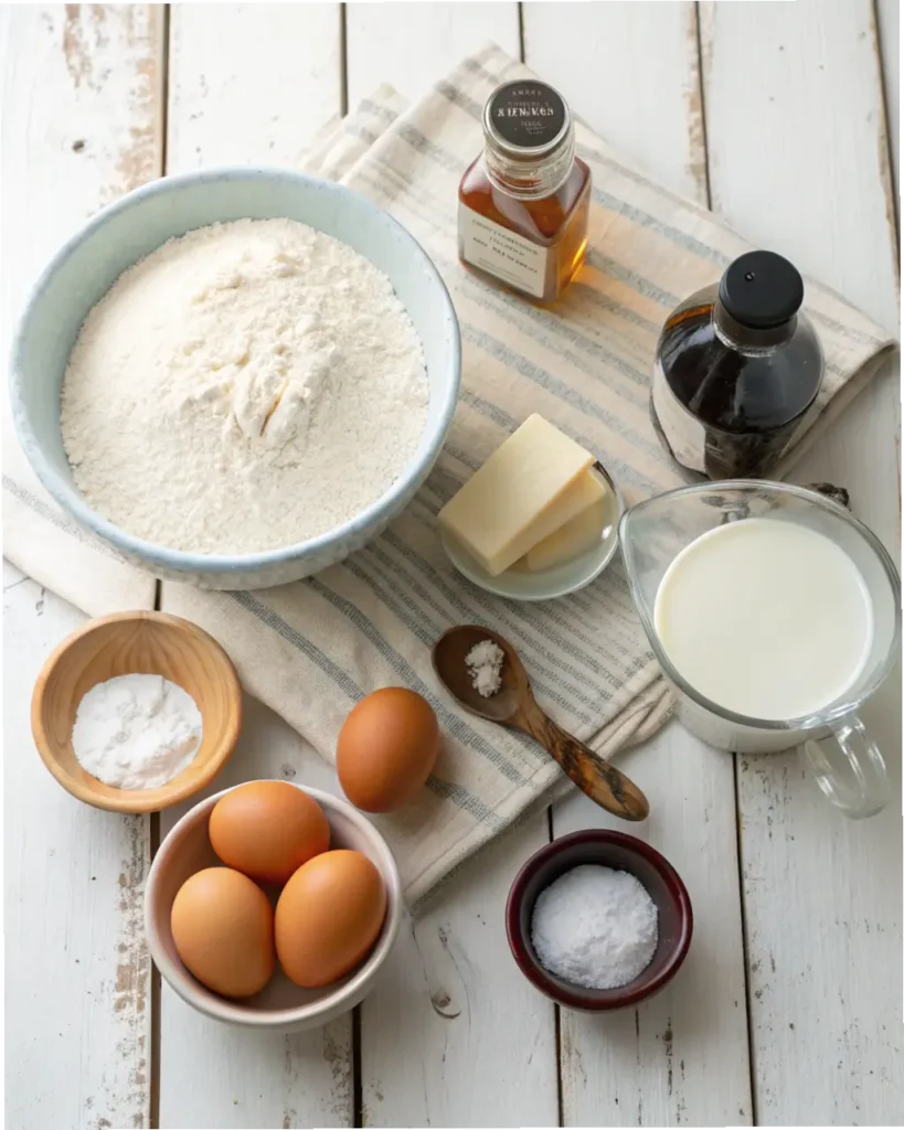 Flatlay of all ingredients for fluffy buttermilk pancakes on a rustic wooden table in morning light.