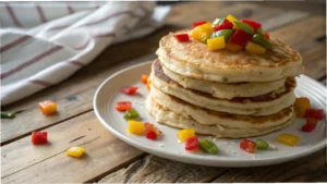 Bell pepper pancakes stacked on a white plate with colorful red, yellow, and green peppers.