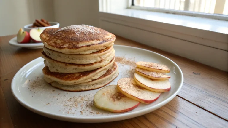 A stack of fluffy spiced apple pancakes on a plain white plate
