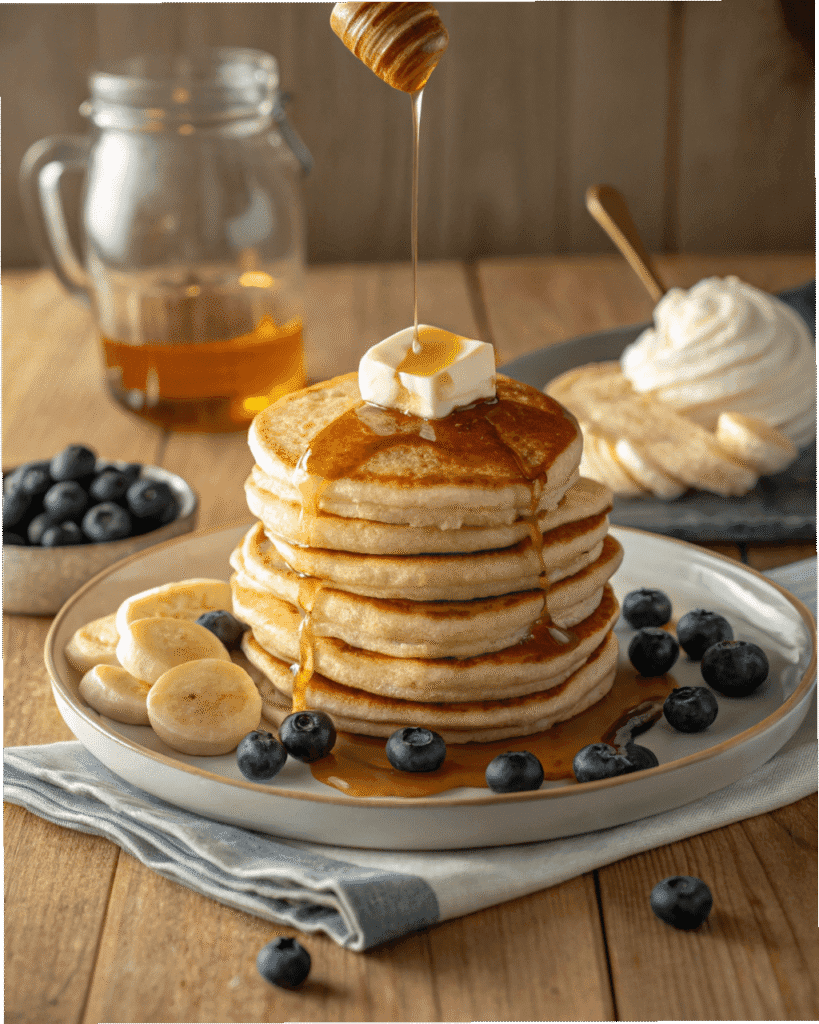 Tall stack of fluffy buttermilk pancakes with butter, syrup, blueberries, bananas, and whipped cream, cozy morning scene.