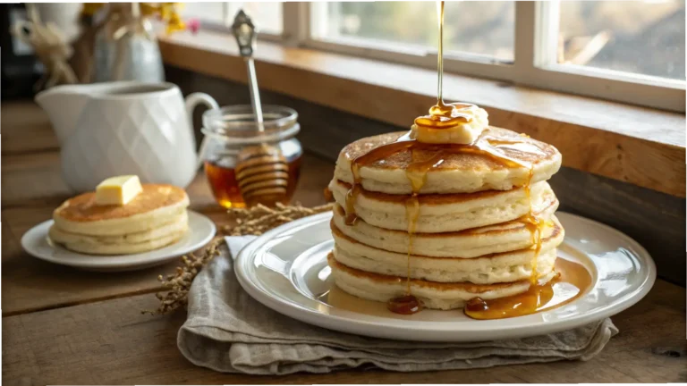 Breakfast table with fluffy buttermilk pancakes, berries, syrup, and coffee in a cozy morning scene.
