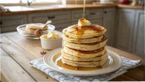 Breakfast table with fluffy buttermilk pancakes, berries, syrup, and coffee in a cozy morning scene.