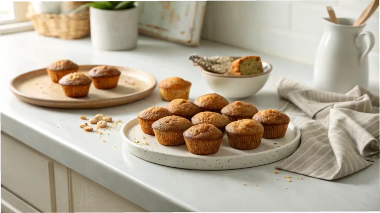 Banana bread mini muffins on a white plate with soft natural light