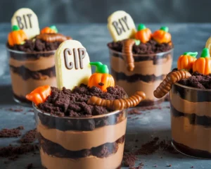 Halloween Graveyard Pudding Cups with chocolate pudding, Oreo dirt, and candy decorations.